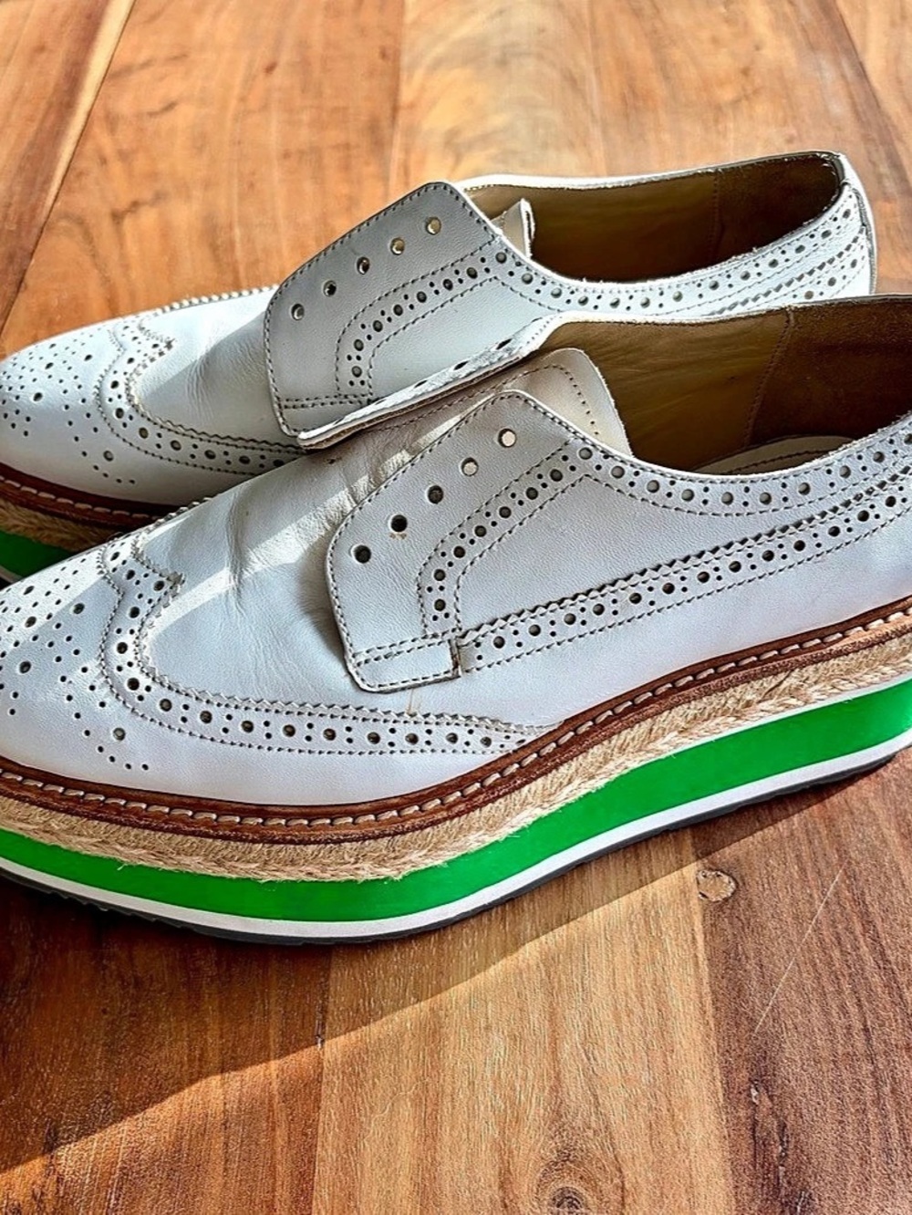 Prada 2011 White Leather Platform Brogue Espadrille Creeper Shoes